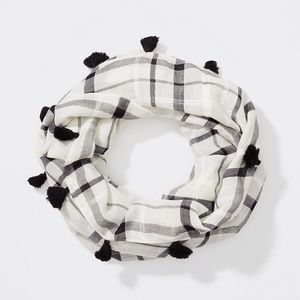 LOFT Black & White Plaid Tassel Infinity Scarf